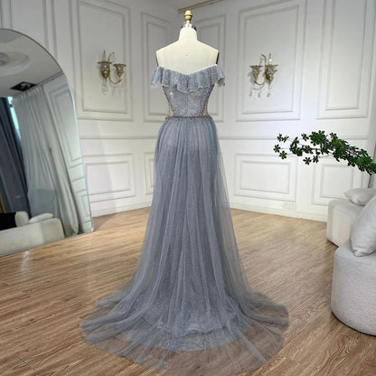 Serene Hill Arabic Silver Evening Gowns with Detachable Train, 2025 Luxury Sparkling Mermaid Dresses for Women&