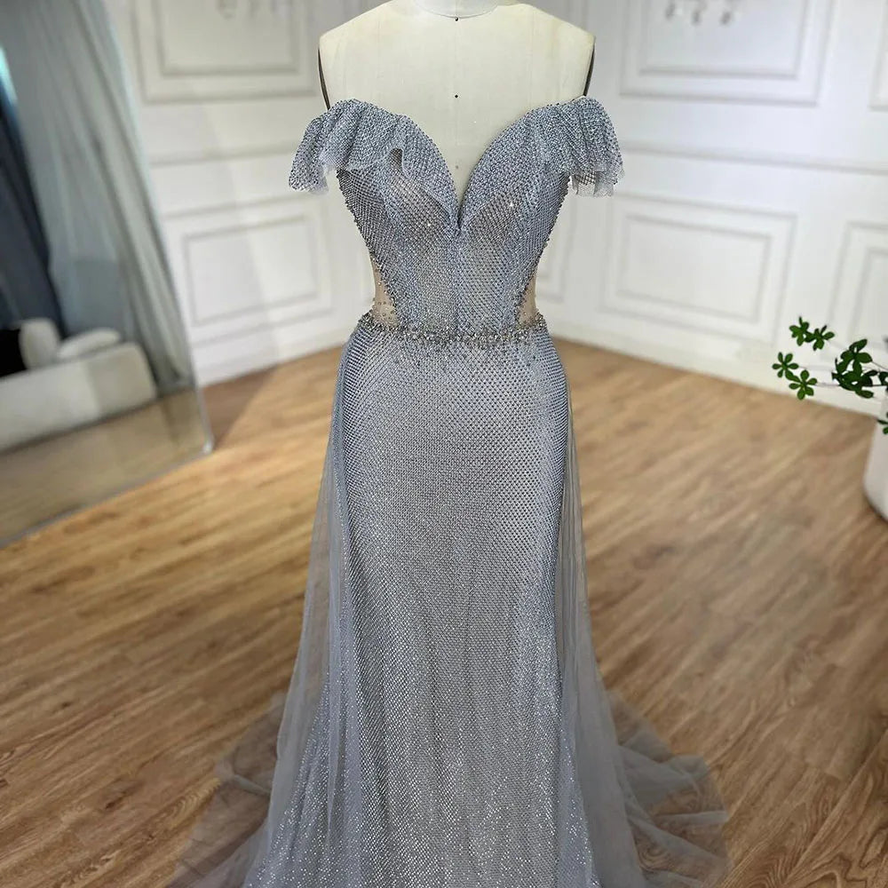 Serene Hill Arabic Silver Evening Gowns with Detachable Train, 2025 Luxury Sparkling Mermaid Dresses for Women&