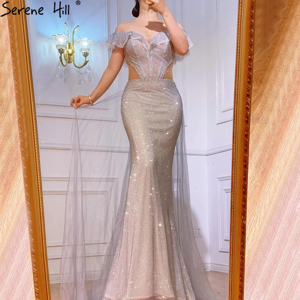 Serene Hill Arabic Silver Evening Gowns with Detachable Train, 2025 Luxury Sparkling Mermaid Dresses for Women&