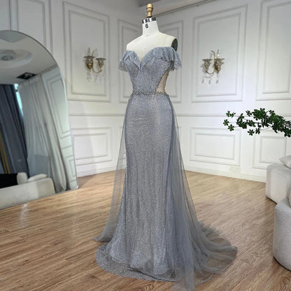 Serene Hill Arabic Silver Evening Gowns with Detachable Train, 2025 Luxury Sparkling Mermaid Dresses for Women&