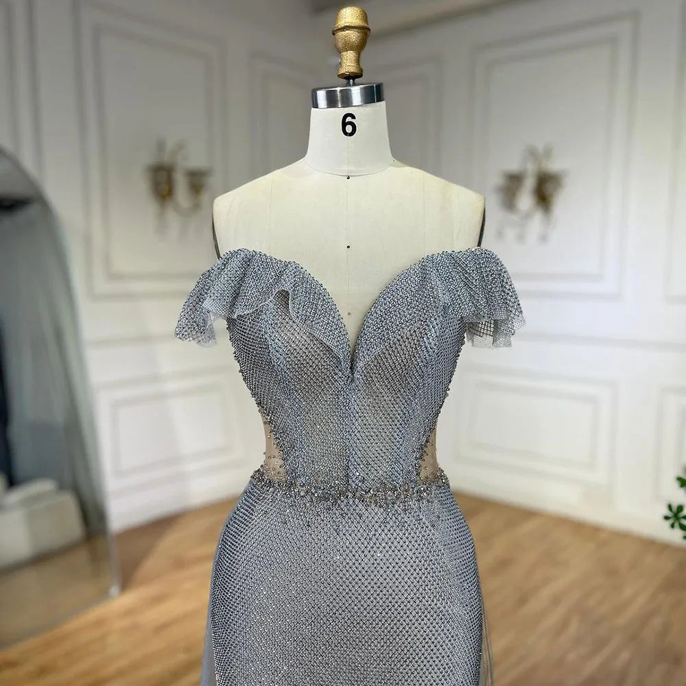 Serene Hill Arabic Silver Evening Gowns with Detachable Train, 2025 Luxury Sparkling Mermaid Dresses for Women&