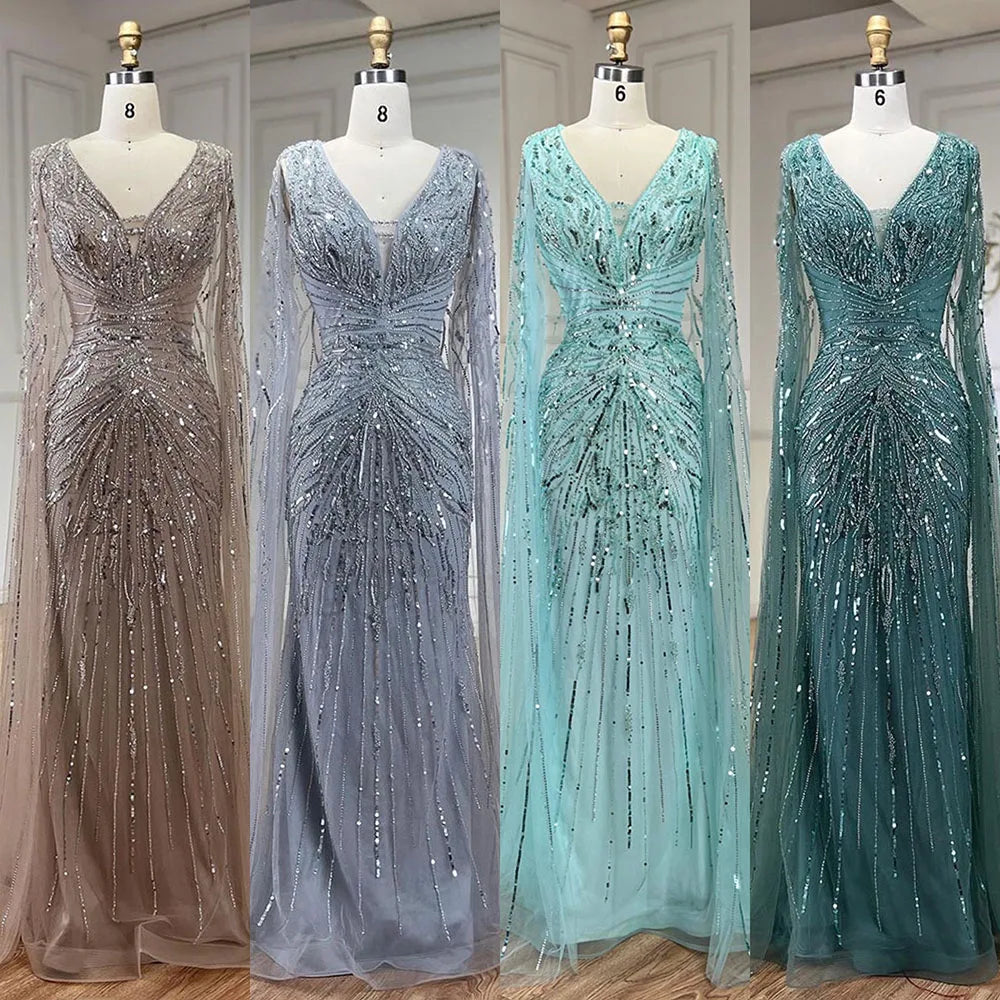Luxury Dubai Turquoise Mermaid Evening Dresses with Cape V-Neck LA72239 - SERENE HILL