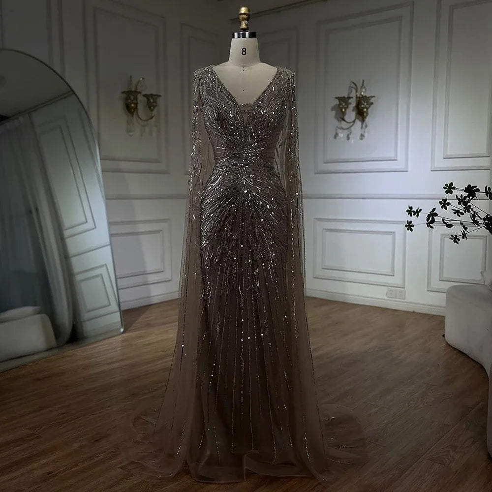Luxury Dubai Turquoise Mermaid Evening Dresses with Cape V-Neck LA72239 - SERENE HILL
