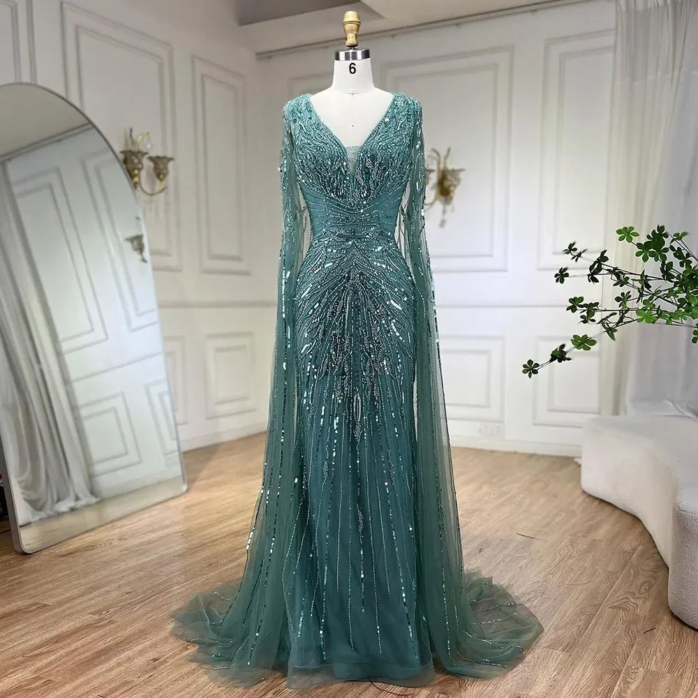 Luxury Dubai Turquoise Mermaid Evening Dresses with Cape V-Neck LA72239 - SERENE HILL