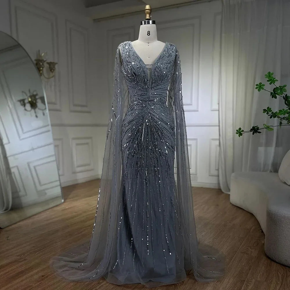 Luxury Dubai Turquoise Mermaid Evening Dresses with Cape V-Neck LA72239 - SERENE HILL