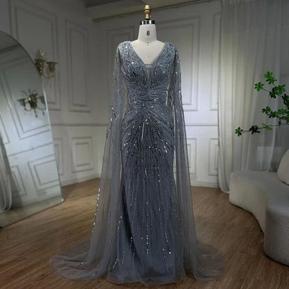 Luxury Dubai Turquoise Mermaid Evening Dresses with Cape V-Neck LA72239 - SERENE HILL