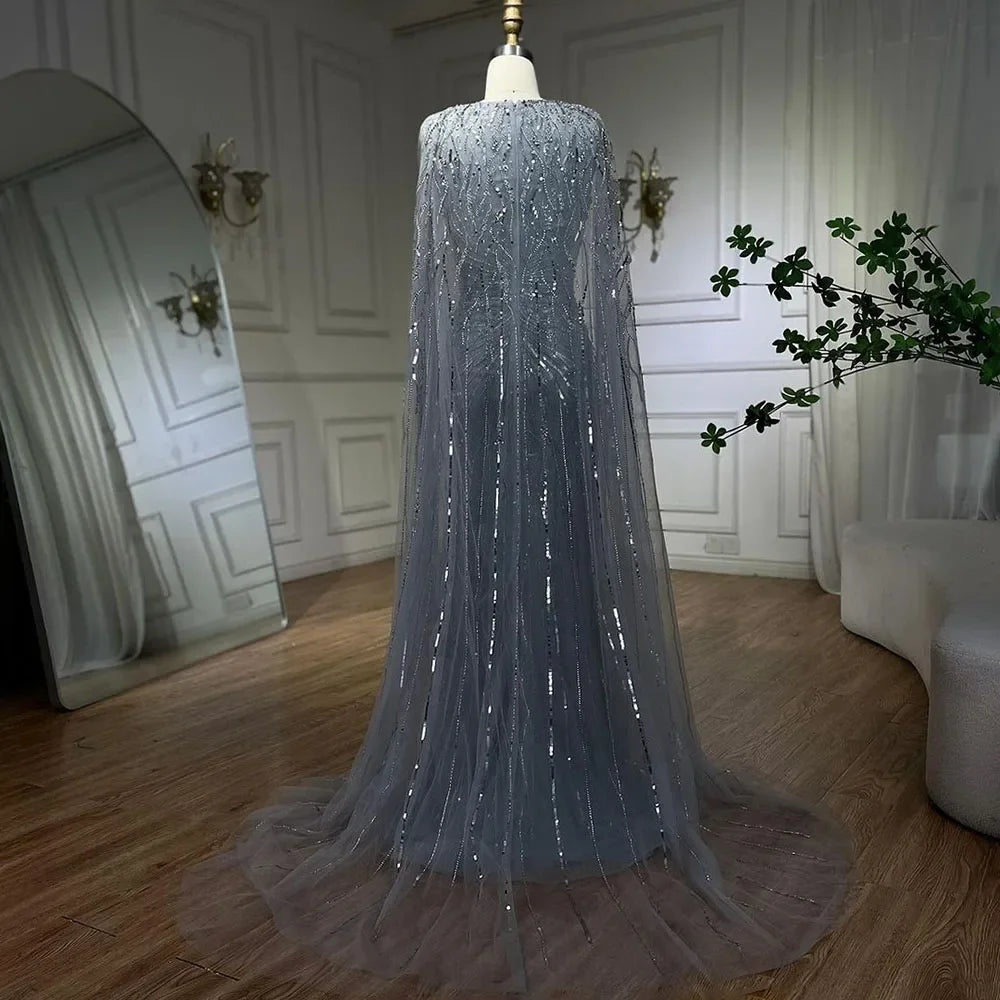Luxury Dubai Turquoise Mermaid Evening Dresses with Cape V-Neck LA72239 - SERENE HILL