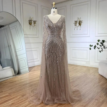 Luxury Dubai Turquoise Mermaid Evening Dresses with Cape V-Neck LA72239 - SERENE HILL
