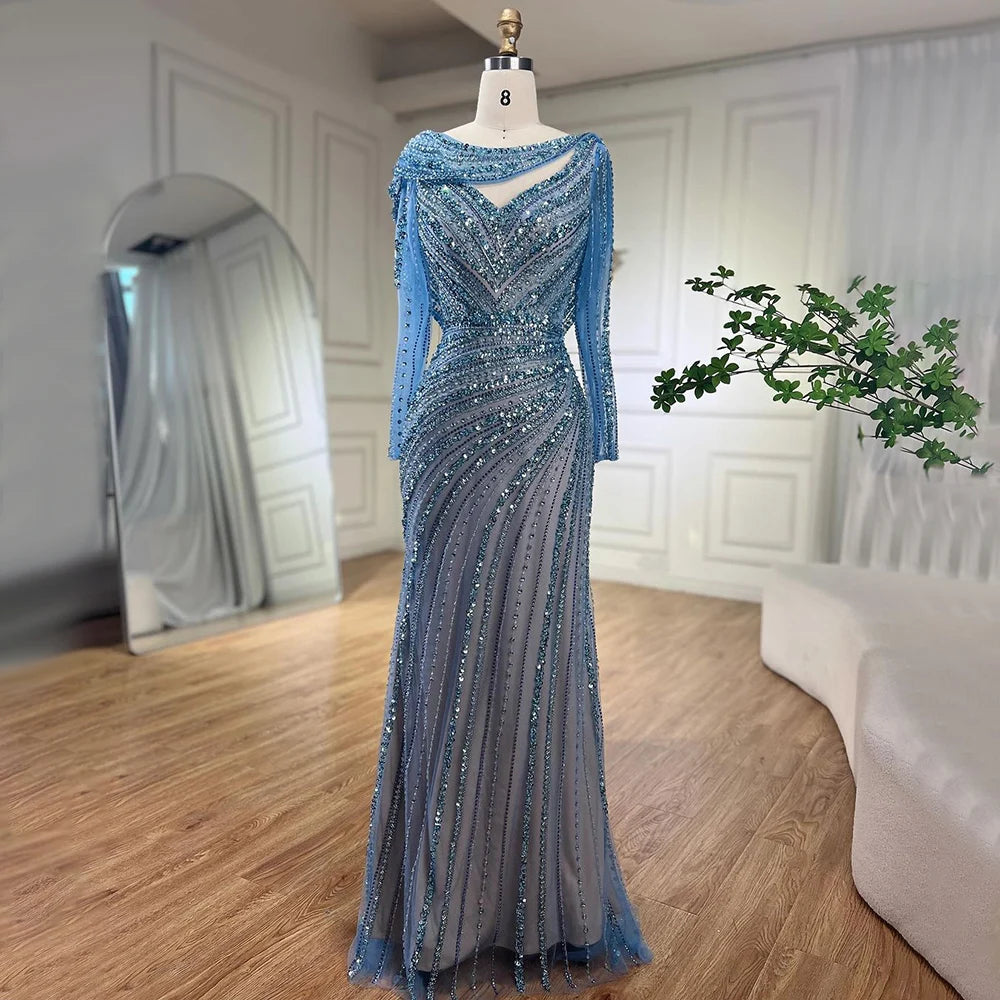 Luxury Dubai Silver Nude Beaded Elegant Mermaid Evening Dress LA70752L - SERENE HILL