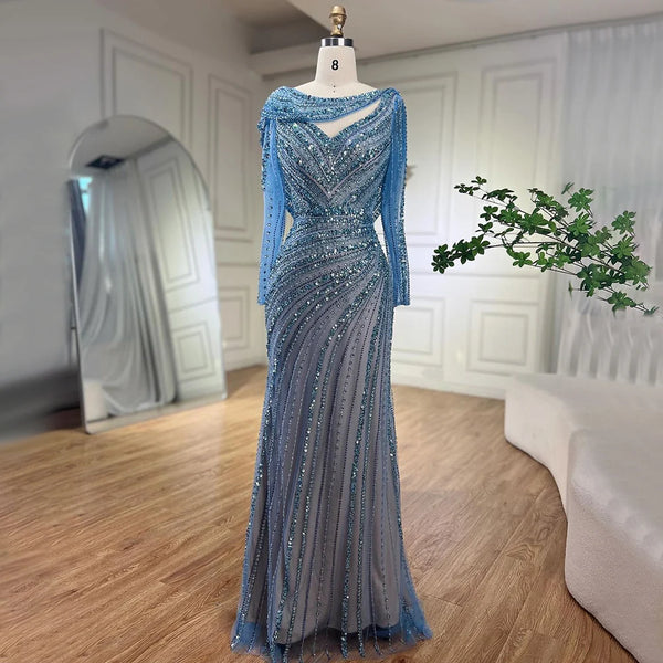 Luxury Dubai Silver Nude Beaded Elegant Mermaid Evening Dress LA70752L