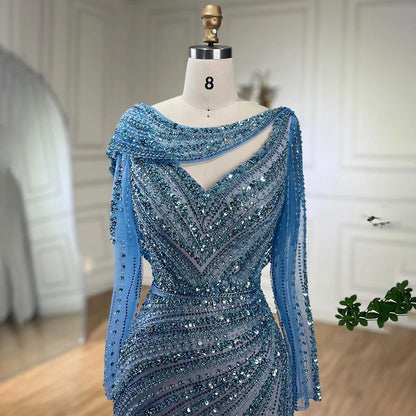 Luxury Dubai Silver Nude Beaded Elegant Mermaid Evening Dress LA70752L - SERENE HILL
