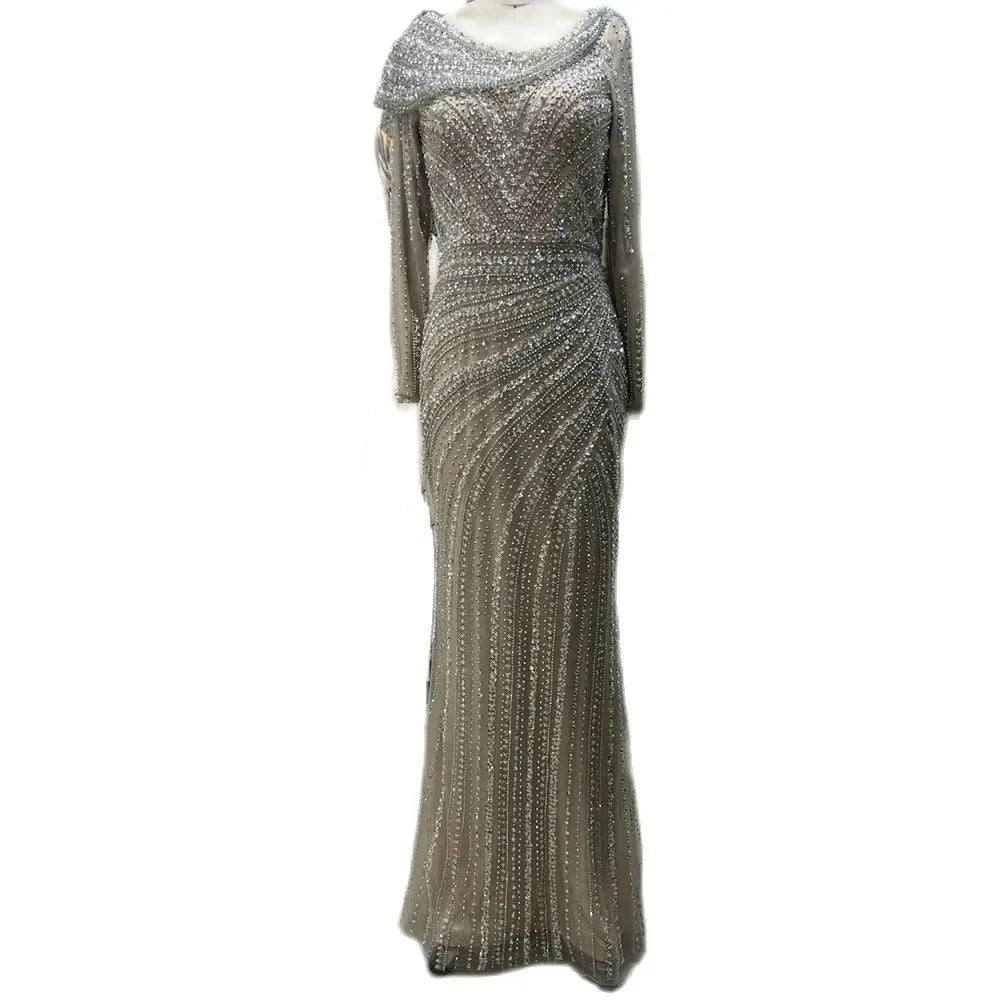 Luxury Dubai Silver Nude Beaded Elegant Mermaid Evening Dress LA70752L - SERENE HILL