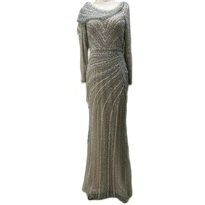 Luxury Dubai Silver Nude Beaded Elegant Mermaid Evening Dress LA70752L - SERENE HILL