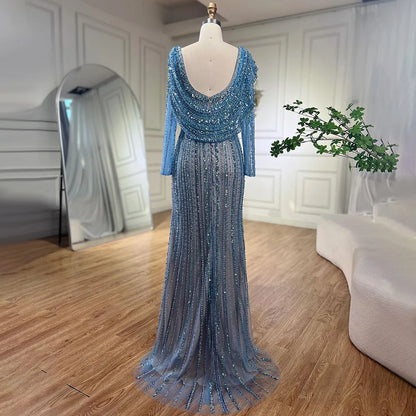 Luxury Dubai Silver Nude Beaded Elegant Mermaid Evening Dress LA70752L - SERENE HILL