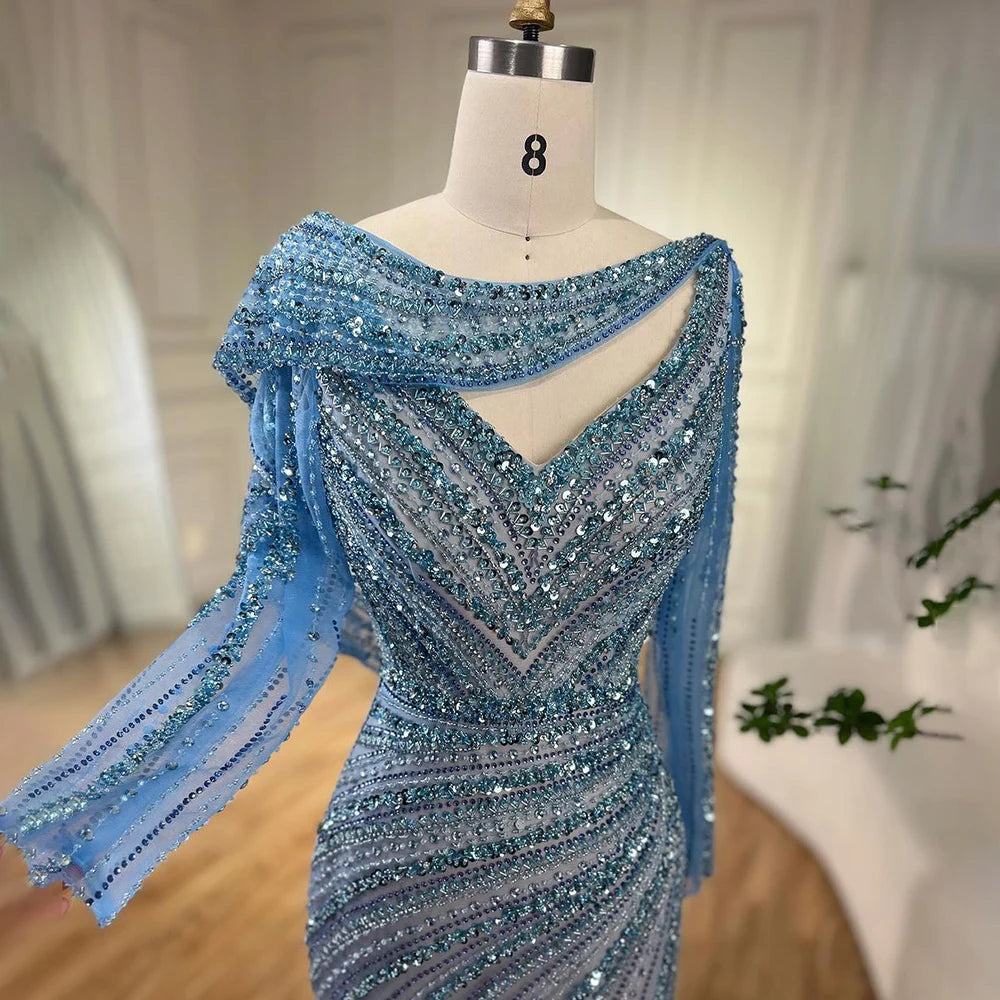 Luxury Dubai Silver Nude Beaded Elegant Mermaid Evening Dress LA70752L - SERENE HILL