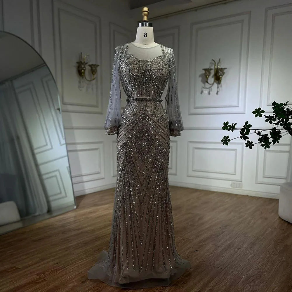 Serene Hill Arabic Silver Nude Elegant Mermaid Beaded Luxury Dubai Evening Dresses Gowns For Women Wedding Party 2025 LA72017 - SERENE HILL