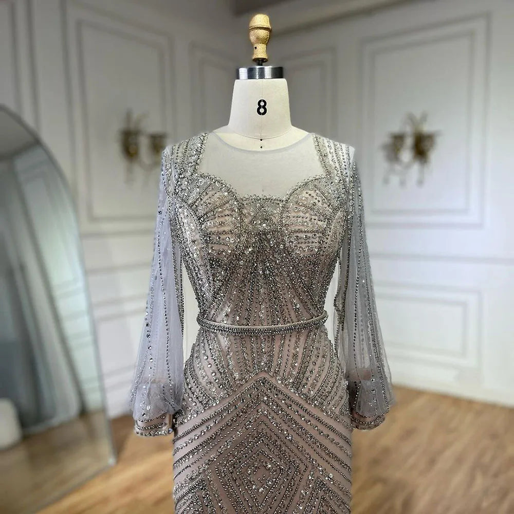 Serene Hill Arabic Silver Nude Elegant Mermaid Beaded Luxury Dubai Evening Dresses Gowns For Women Wedding Party 2025 LA72017 - SERENE HILL