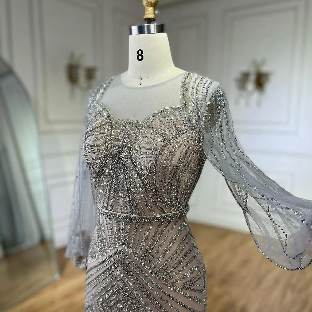 Serene Hill Arabic Silver Nude Elegant Mermaid Beaded Luxury Dubai Evening Dresses Gowns For Women Wedding Party 2025 LA72017 - SERENE HILL