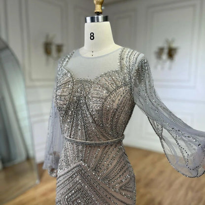 Serene Hill Arabic Silver Nude Elegant Mermaid Beaded Luxury Dubai Evening Dresses Gowns For Women Wedding Party 2025 LA72017 - SERENE HILL