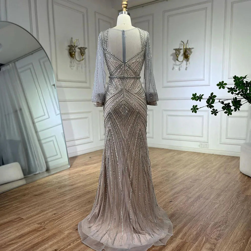 Serene Hill Arabic Silver Nude Elegant Mermaid Beaded Luxury Dubai Evening Dresses Gowns For Women Wedding Party 2025 LA72017 - SERENE HILL