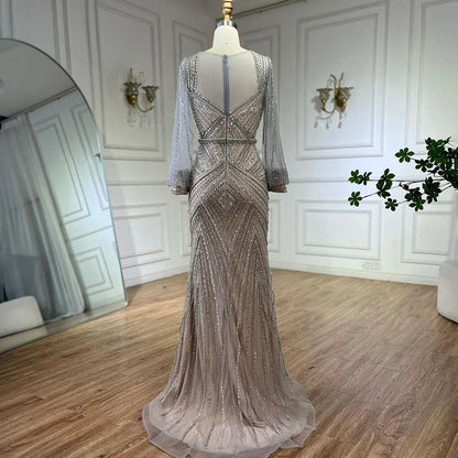 Serene Hill Arabic Silver Nude Elegant Mermaid Beaded Luxury Dubai Evening Dresses Gowns For Women Wedding Party 2025 LA72017 - SERENE HILL