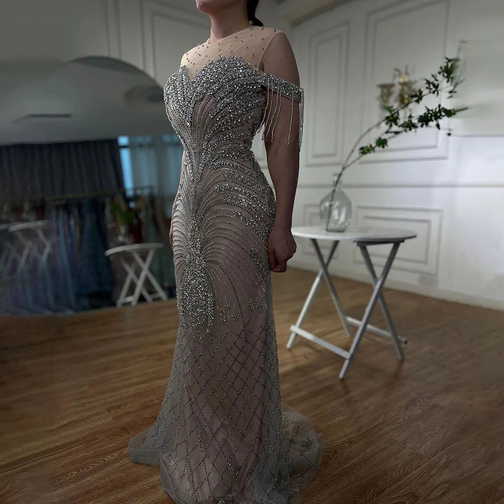 Serene Hill Arabic Silver Nude Mermaid Elegant Tassel Beaded Luxury Dubai Evening Dresses Gowns For Women Party LA71906 - SERENE HILL
