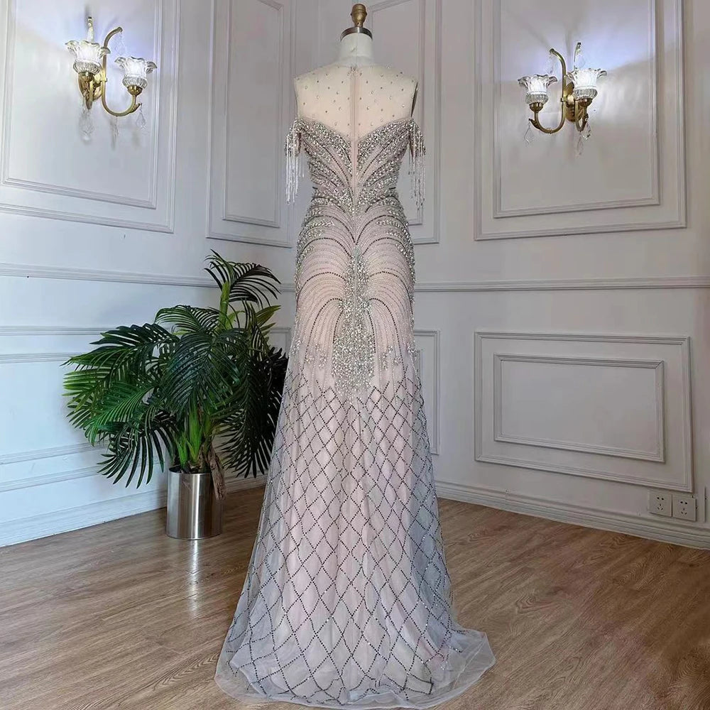 Serene Hill Arabic Silver Nude Mermaid Elegant Tassel Beaded Luxury Dubai Evening Dresses Gowns For Women Party LA71906 - SERENE HILL