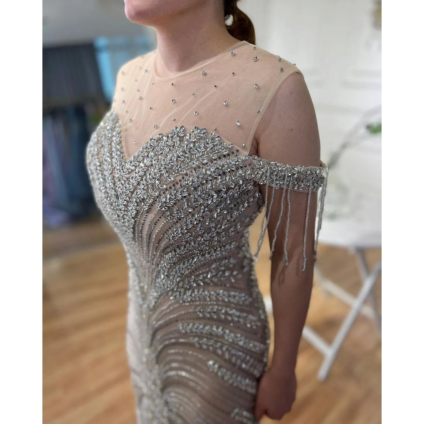Serene Hill Arabic Silver Nude Mermaid Elegant Tassel Beaded Luxury Dubai Evening Dresses Gowns For Women Party LA71906 - SERENE HILL
