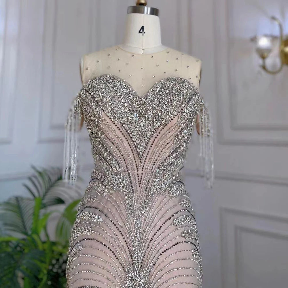 Serene Hill Arabic Silver Nude Mermaid Elegant Tassel Beaded Luxury Dubai Evening Dresses Gowns For Women Party LA71906 - SERENE HILL