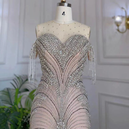 Serene Hill Arabic Silver Nude Mermaid Elegant Tassel Beaded Luxury Dubai Evening Dresses Gowns For Women Party LA71906 - SERENE HILL
