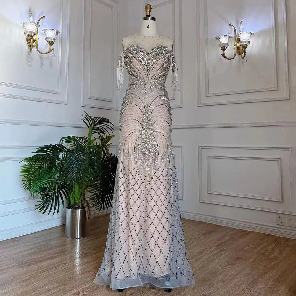Serene Hill Arabic Silver Nude Mermaid Elegant Tassel Beaded Luxury Dubai Evening Dresses Gowns For Women Party LA71906 - SERENE HILL
