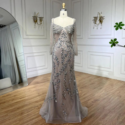 Serene Hill Arabic Silver Nude Mermaid Luxury Beaded Elegant Dubai Evening Dresses Gowns for Woman Wedding Party 2025 LA72513 - SERENE HILL