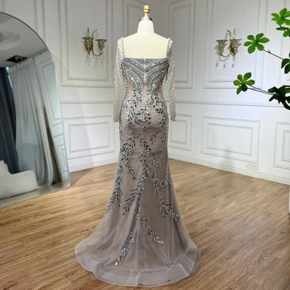 Serene Hill Arabic Silver Nude Mermaid Luxury Beaded Elegant Dubai Evening Dresses Gowns for Woman Wedding Party 2025 LA72513 - SERENE HILL