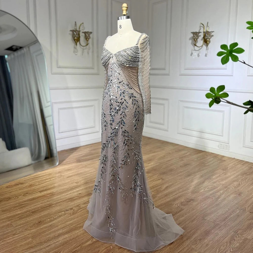 Serene Hill Arabic Silver Nude Mermaid Luxury Beaded Elegant Dubai Evening Dresses Gowns for Woman Wedding Party 2025 LA72513 - SERENE HILL