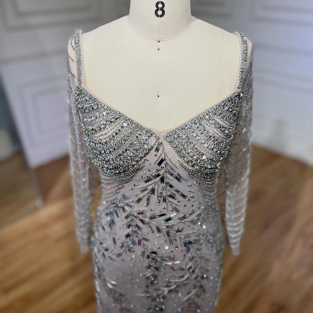 Serene Hill Arabic Silver Nude Mermaid Luxury Beaded Elegant Dubai Evening Dresses Gowns for Woman Wedding Party 2025 LA72513 - SERENE HILL