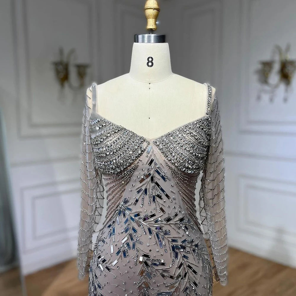 Serene Hill Arabic Silver Nude Mermaid Luxury Beaded Elegant Dubai Evening Dresses Gowns for Woman Wedding Party 2025 LA72513 - SERENE HILL