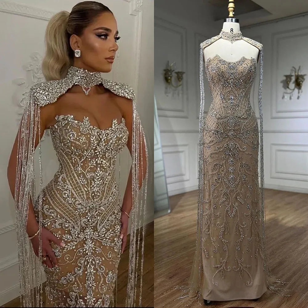 Arabic Nude Mermaid Tassel Beaded Luxury Evening Dress Gown LA72237 - SERENE HILL