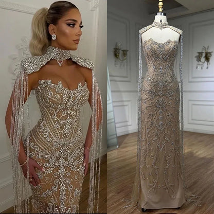 Arabic Nude Mermaid Tassel Beaded Luxury Evening Dress Gown LA72237 - SERENE HILL