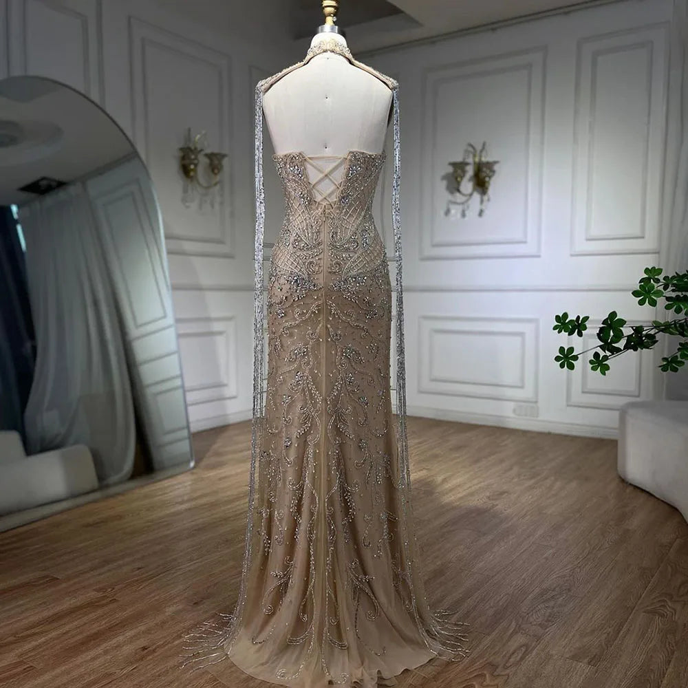 Arabic Nude Mermaid Tassel Beaded Luxury Evening Dress Gown LA72237 - SERENE HILL