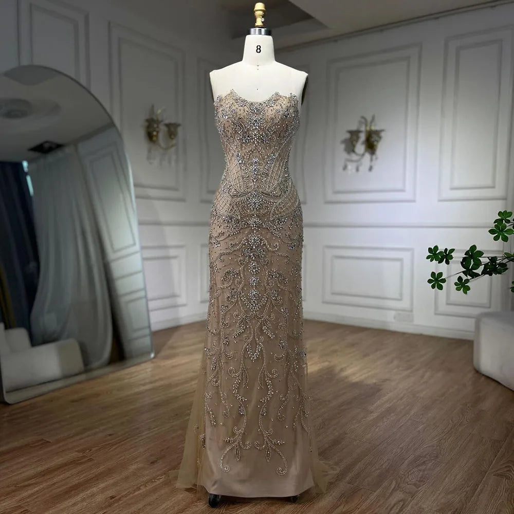 Arabic Nude Mermaid Tassel Beaded Luxury Evening Dress Gown LA72237 - SERENE HILL