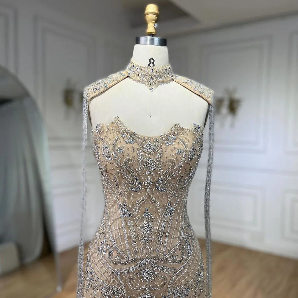 Arabic Nude Mermaid Tassel Beaded Luxury Evening Dress Gown LA72237 - SERENE HILL