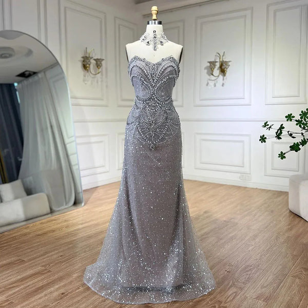 Serene Hill Arabic Sliver Mermaid Luxury Beaded Pearls Crystal Evening Dresses Gowns for Women Party 2025 LA72432