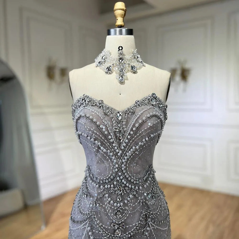 Serene Hill Arabic Sliver Mermaid Luxury Beaded Pearls Crystal Evening Dresses Gowns for Women Party 2025 LA72432 - SERENE HILL