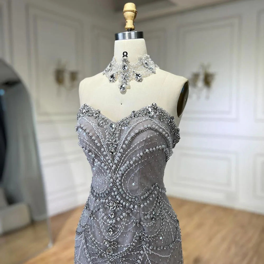 Serene Hill Arabic Sliver Mermaid Luxury Beaded Pearls Crystal Evening Dresses Gowns for Women Party 2025 LA72432 - SERENE HILL
