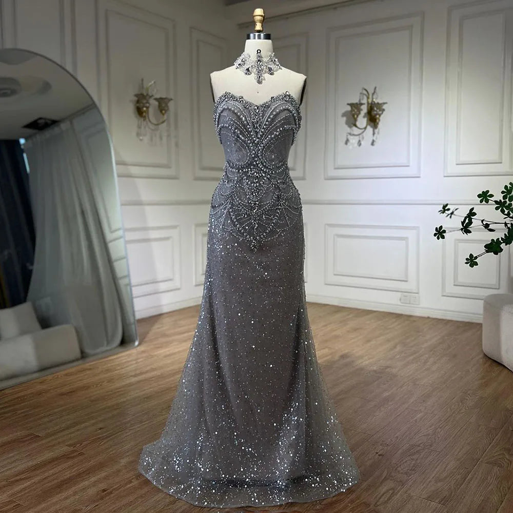 Serene Hill Arabic Sliver Mermaid Luxury Beaded Pearls Crystal Evening Dresses Gowns for Women Party 2025 LA72432 - SERENE HILL