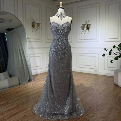 Serene Hill Arabic Sliver Mermaid Luxury Beaded Pearls Crystal Evening Dresses Gowns for Women Party 2025 LA72432 - SERENE HILL