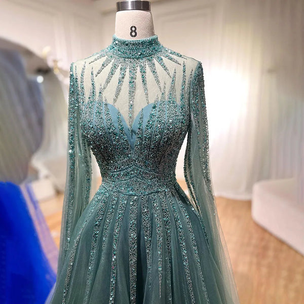Luxury Arabic Turquoise A-Line Beaded Evening Dress with Cape LA72199