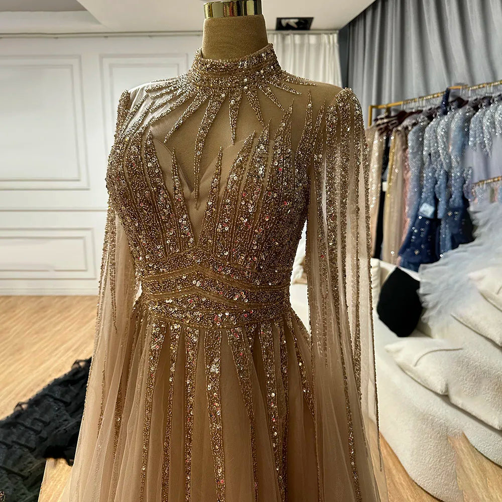 Luxury Arabic Turquoise A-Line Beaded Evening Dress with Cape LA72199 - SERENE HILL