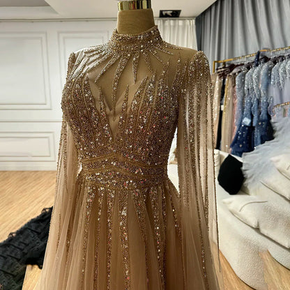 Luxury Arabic Turquoise A-Line Beaded Evening Dress with Cape LA72199 - SERENE HILL