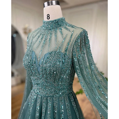 Luxury Arabic Turquoise A-Line Beaded Evening Dress with Cape LA72199 - SERENE HILL
